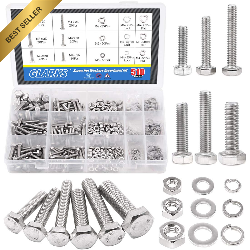 510 Pieces Flat Hex Stainless Steel Screws Bolts Nuts Lock and Flat Gasket Washe