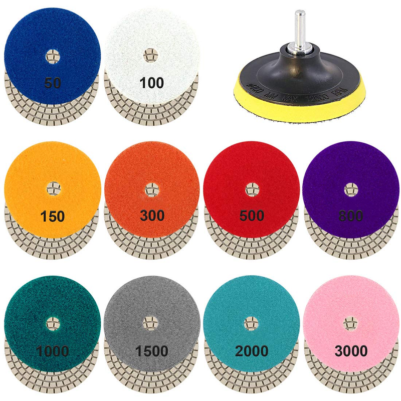 4 Inch Diamond Polishing Pads Set - 10 Pads 50 to 3000 Grit Wet with Hook and Lo