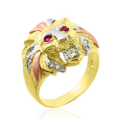 Pre-owned Fdj Tri-tone Gold Lion Head Men's Cz Ring In Red
