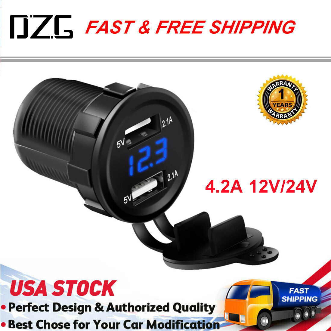 Fast Car Charger Dual USB For 12V 24V Motorcycle 5V 4.2A Lighter Socket Adapter