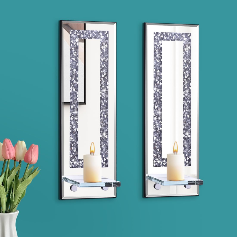 Set Of 2, Rectangle Silver Mirrored Candle S