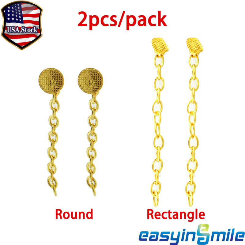 2x Dental Orthodontic Lingual Buttons Traction Chain Gold Plated Round/rectangle