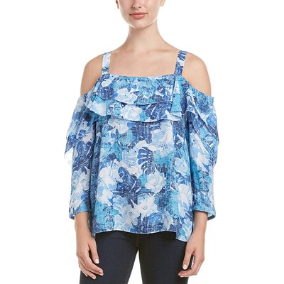 

Женский топ Nydj с открытыми плечами и рюшами, Cote D Azur Tropics Matisse Blue