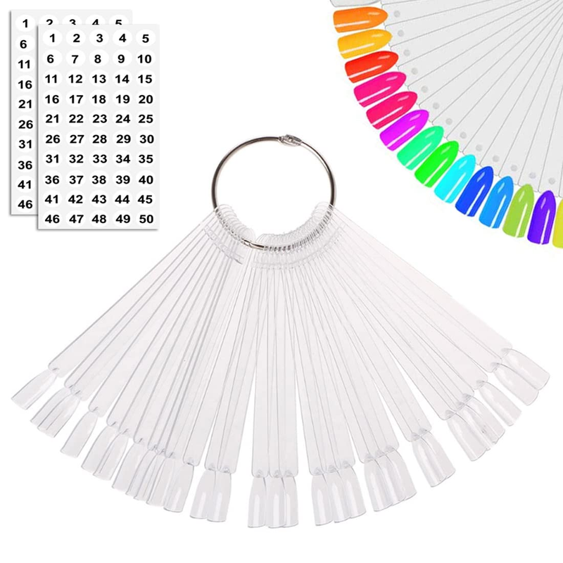 50 Pcs Nail Swatch Sticks with Ring, Clear Fan-Shaped Nail Art Polish Practice D