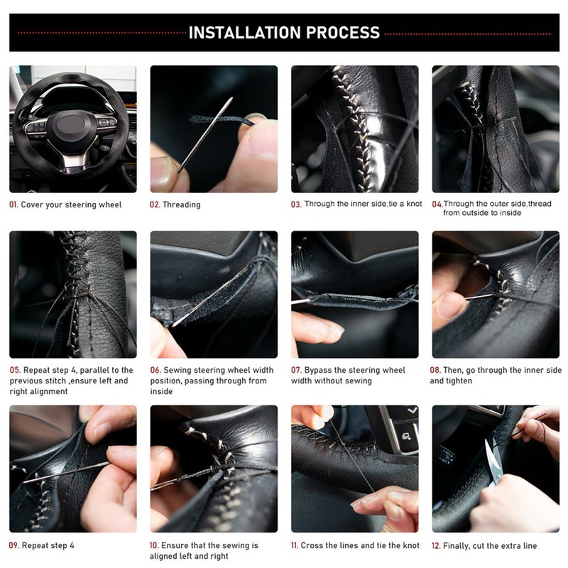 15'' Grey Genuine Leather DIY Car Steering Wheel Cover Breathable Anti-slip &