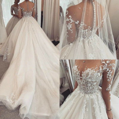 Luxury Lace Beaded Wedding Dresses Long Sleeve Tulle A Line Bridal Ball Gowns