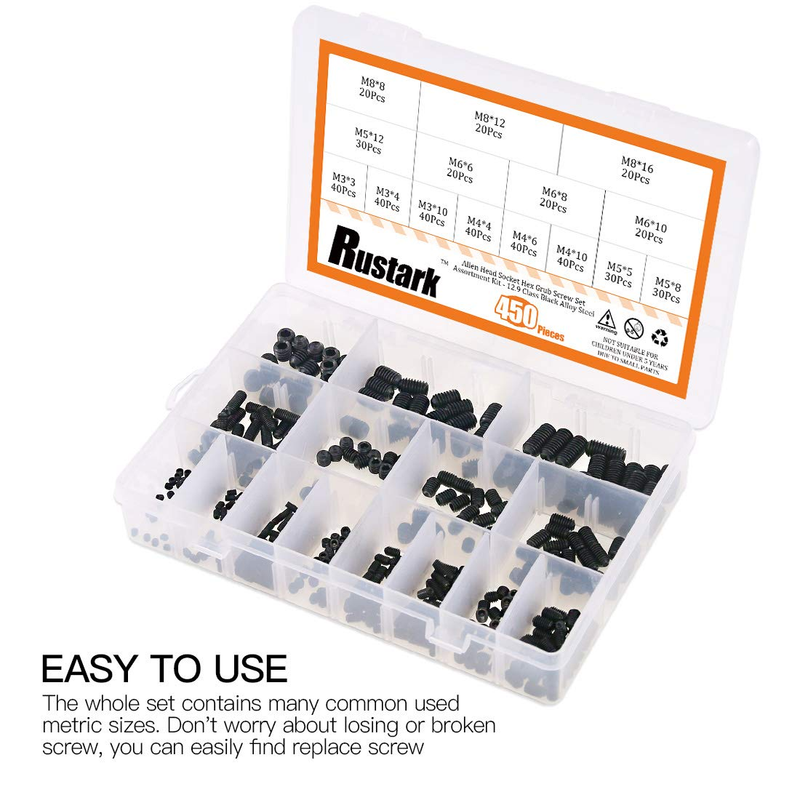 450Pcs M3/M4/M5/M6/M8 Allen Head Socket Hex Grub Screw Set Assortment Kit with I