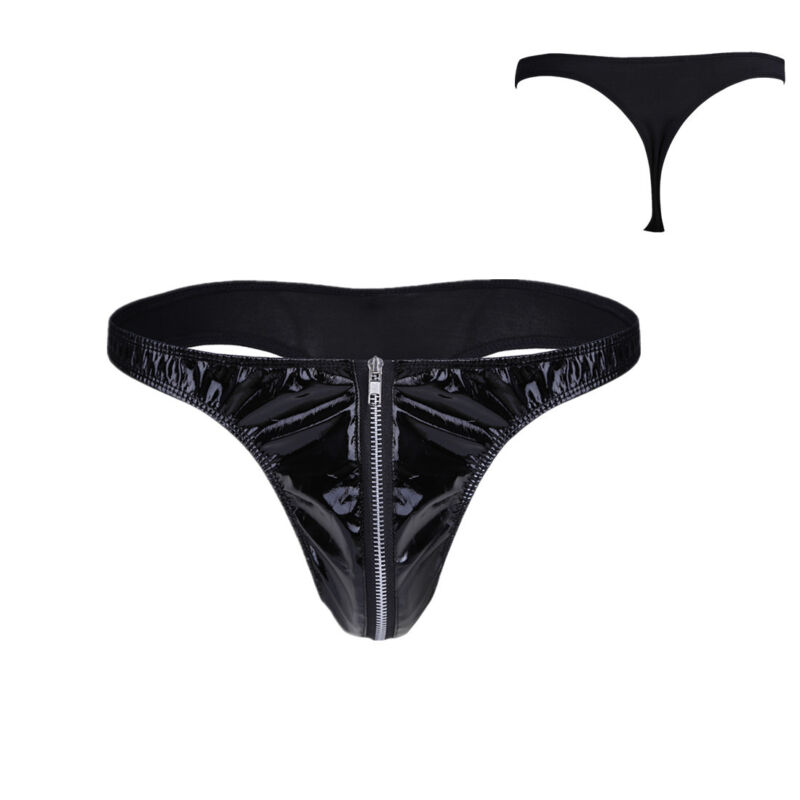 Sexy Men Wet Look Leather Briefs Bikini Underwear Zipper Front G-string Thong