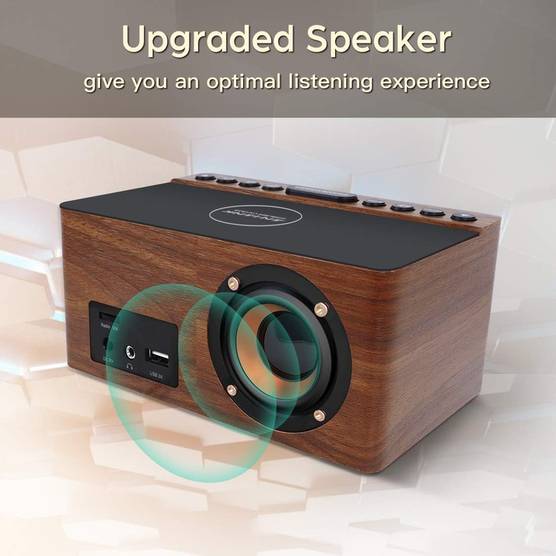 Wooden Digital Alarm Clock FM Radio for Bedrooms,10W Fast Wireless Charger Stati