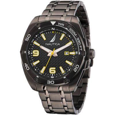 Pre-owned Nautica Mens Wristwatch  Tin Can Bay Naptcf204 Steel Black Sub 100mt