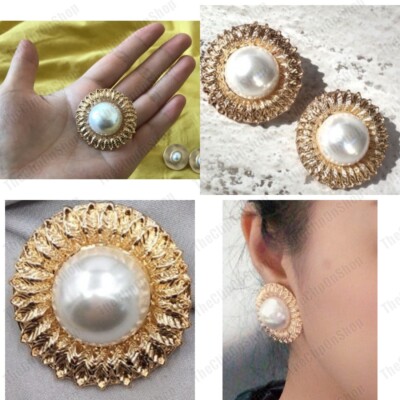 STUDS/CLIPS large retro PEARL cabochon BIG earrings GOLD