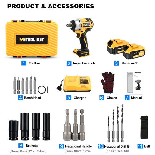 Cordless Impact Wrench 1/2" 600Nm High Torque Brushless Drill W/Li-ion Battery