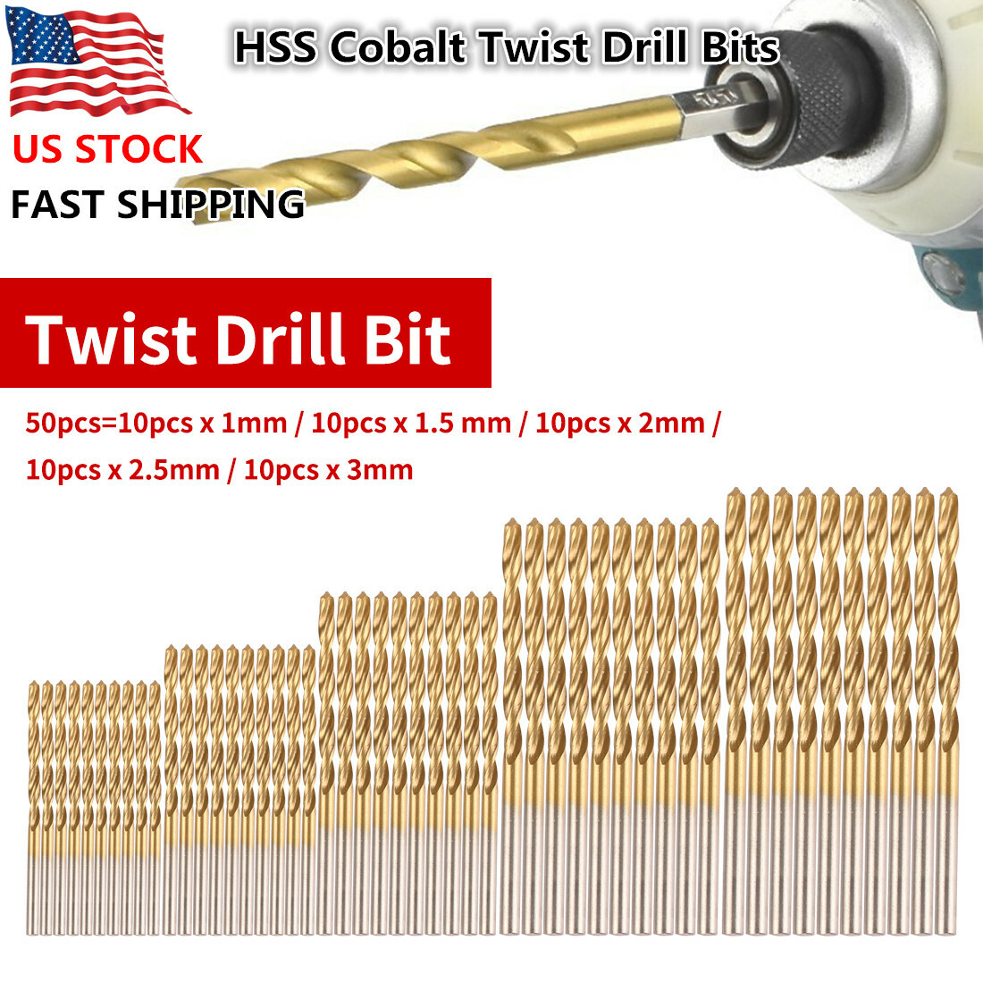 50PCs HSS Cobalt Twist Drill Bits HSS-Co For Hard Metal Stainless Steel Tools