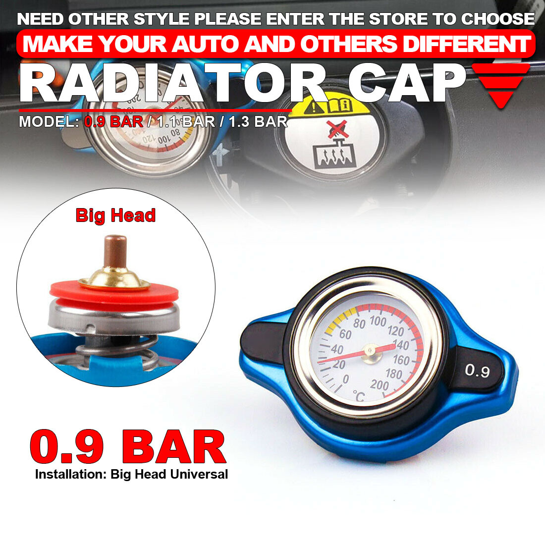 0.9BAR Universal Car Thermostat Radiator Cap + w/Water Temp Gauge Cover
