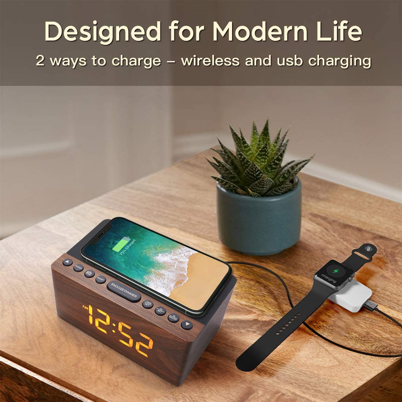 Wooden Digital Alarm Clock FM Radio for Bedrooms,10W Fast Wireless Charger Stati