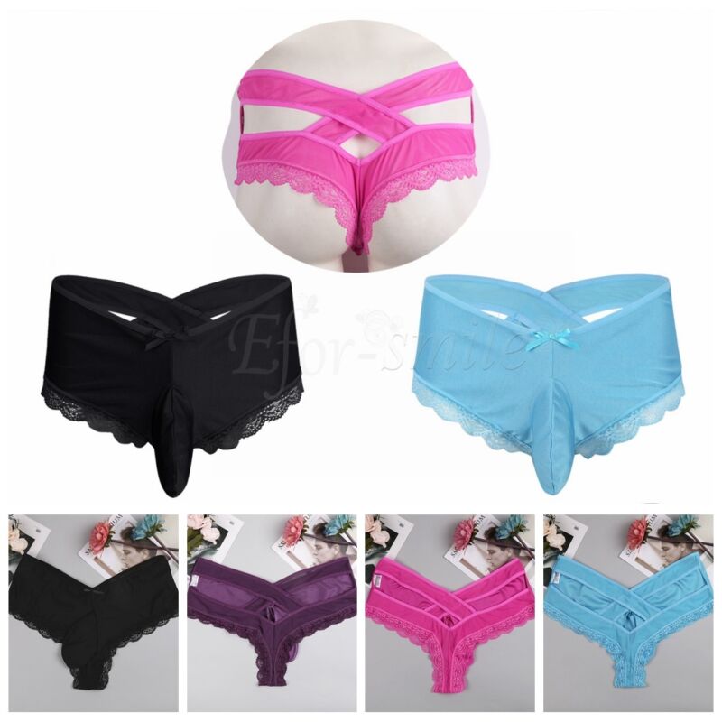 Sissy Pouch Panties Mens Lace Criss-cross Bikini Briefs Underwear Thong Lingerie
