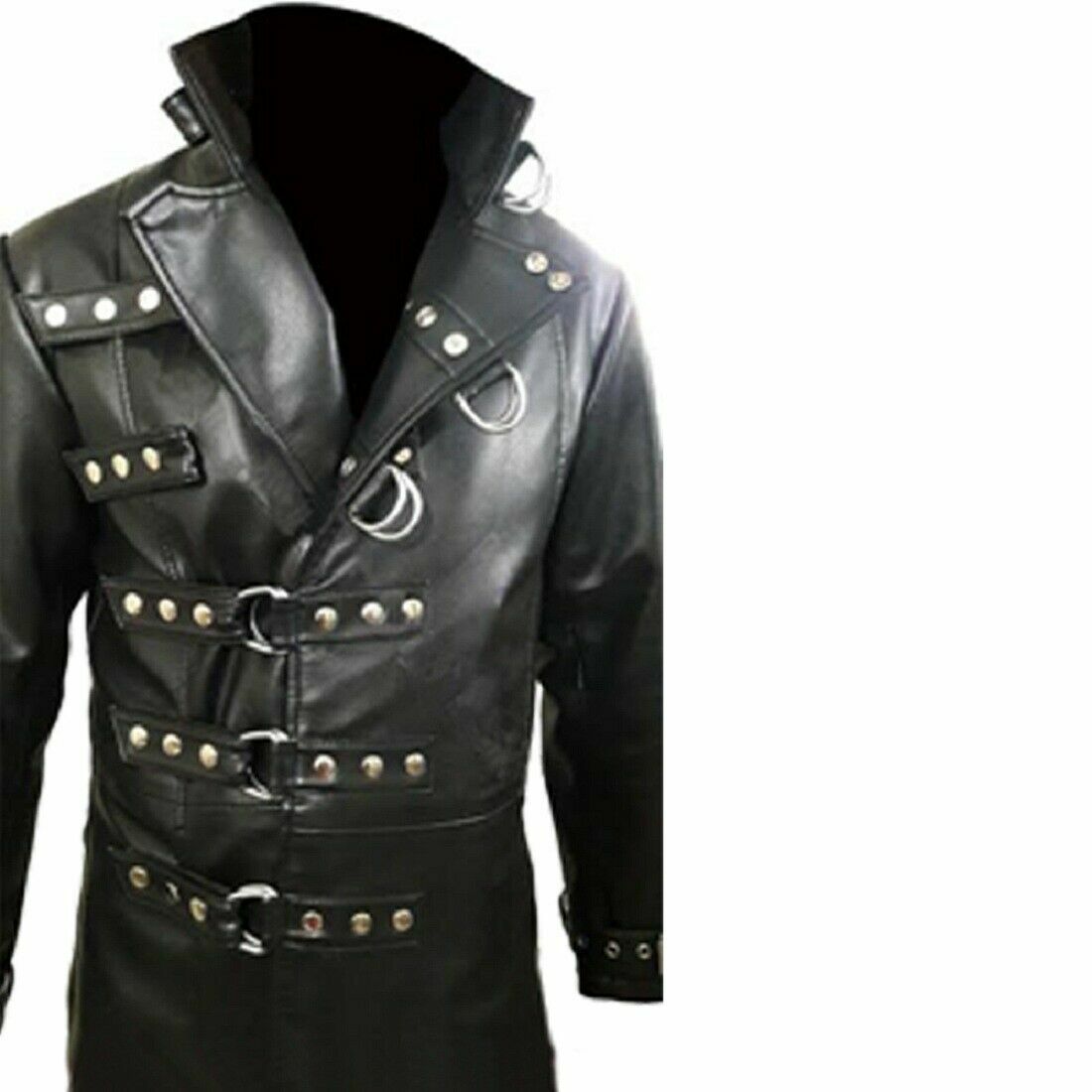 Pre-owned Bargainwoman Mens Genuine Black Leather Steampunk Goth Rave Festival Coat