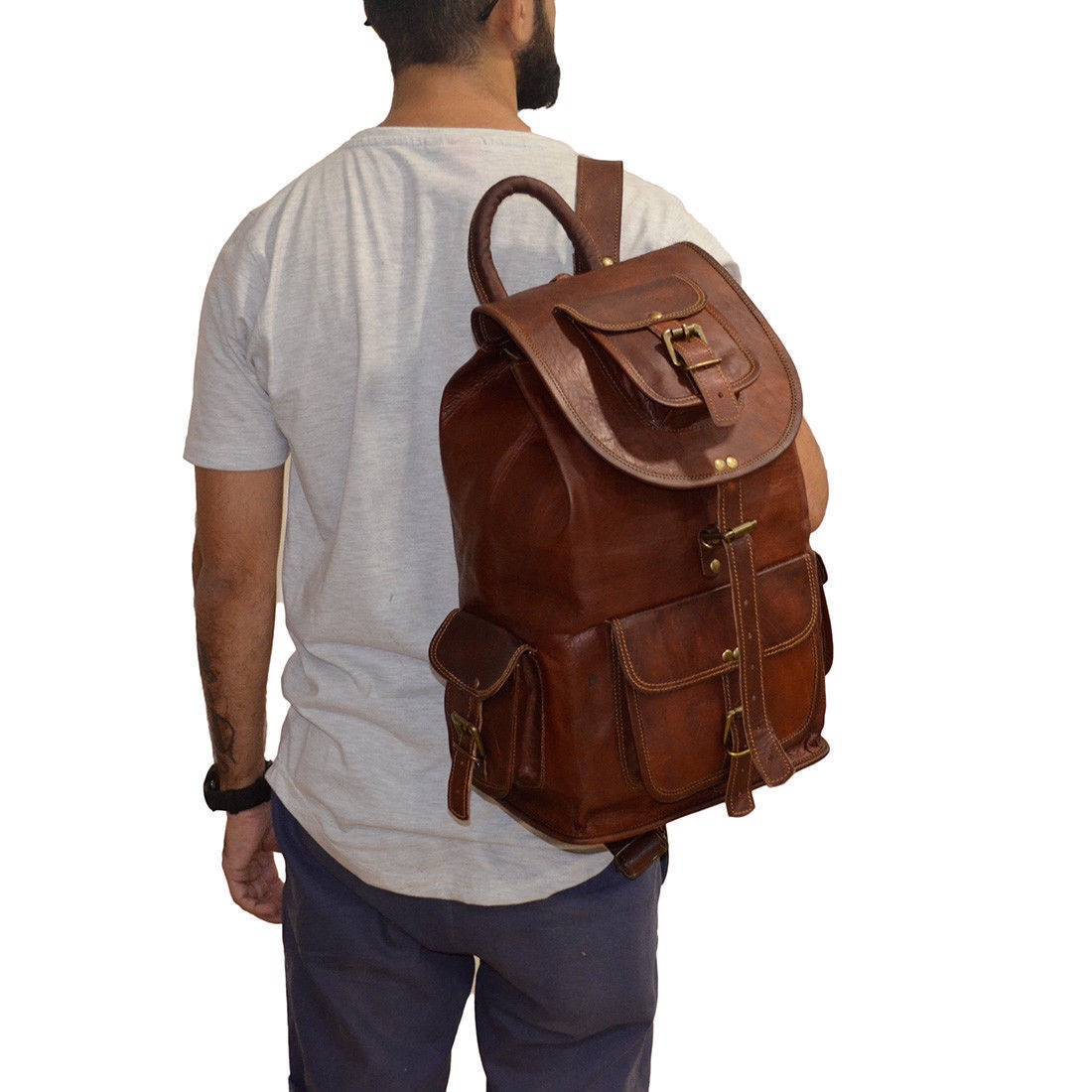 Genuine Vintage Leather Laptop Backpack Large Hiking Travel Camping Carry Bag
