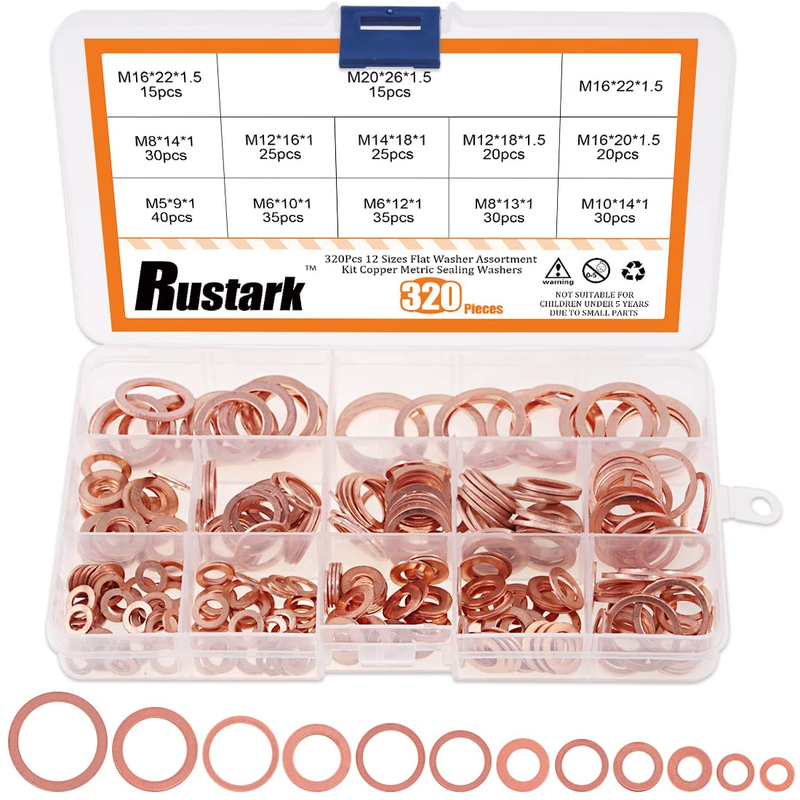 320 Pcs Copper Flat Washers Assortment Kit Metric Sealing Washers M5 M6 M8 M10 M
