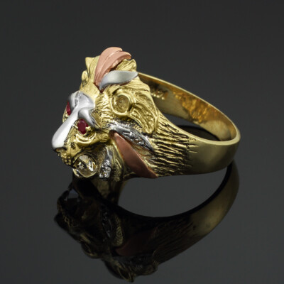 Pre-owned Fdj Tri-tone Gold Lion Head Men's Cz Ring In Red