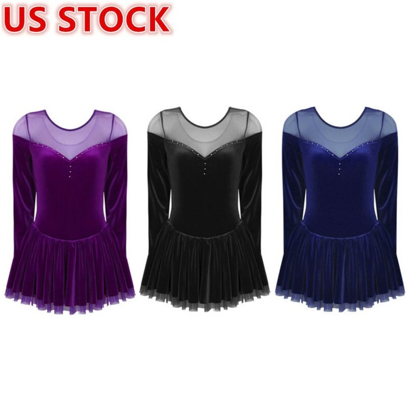 US Women Adult Velvet Figure Skating Dress Ballet Dance Gymnastics Leotard Dress