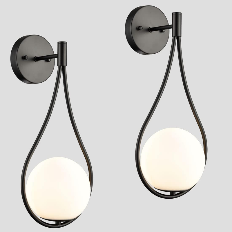 Black Wall Sconces Set of Two Mid Century Modern Wall Light Fixtures for Bedroom Living Room Bathroom with White Opal Hand Blown Globe Glass