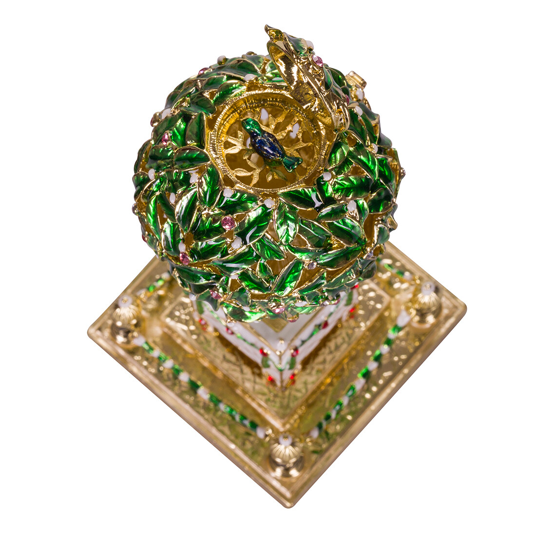 Russische Fabergé Ei Schmuckkästchen Lorbeerbaum (Orangenbaum) mit Vogel 16 cm