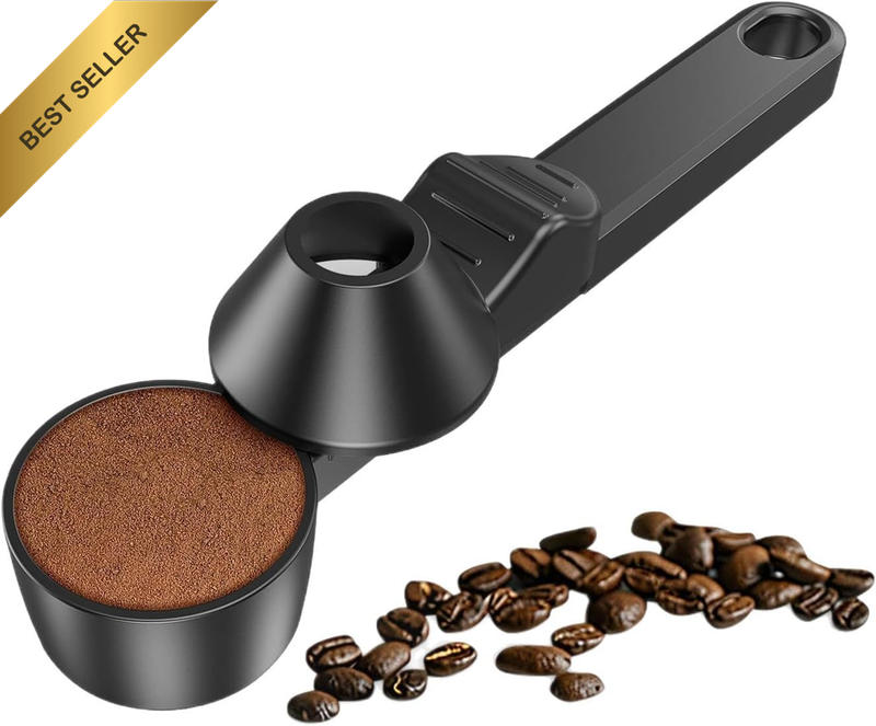 Multi-Purpose Coffee Scoop with Funnel and Leveler, Black, 3-In-1 Measuring Spoo