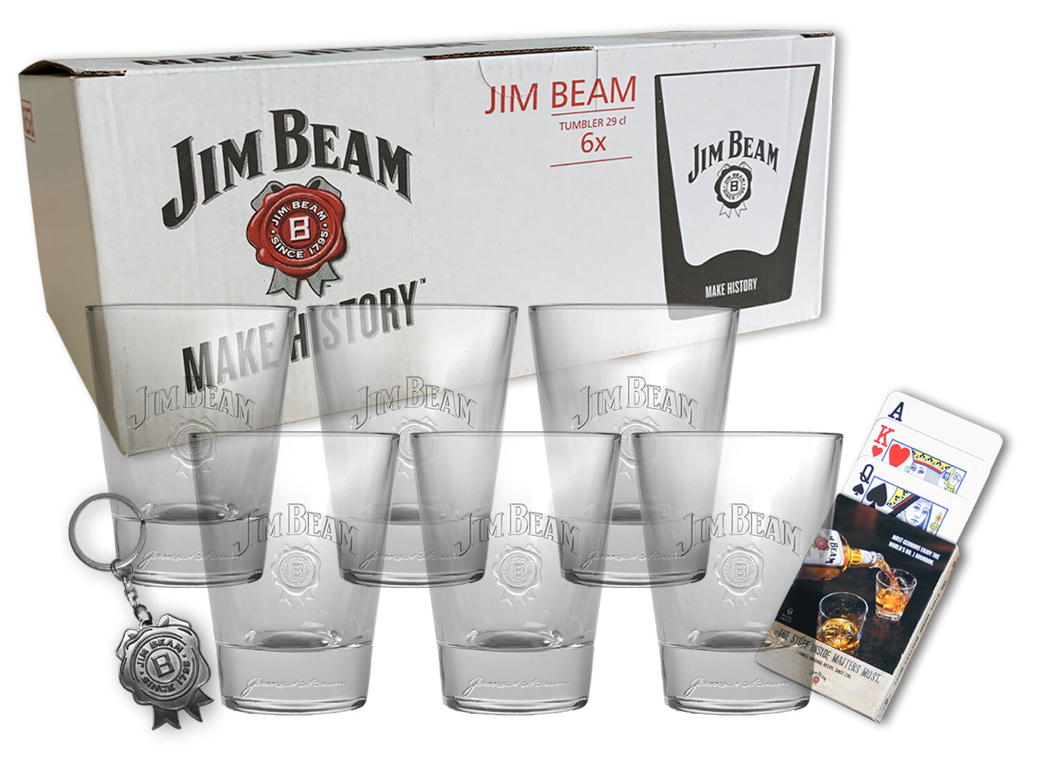 6 Jim Beam Tumbler Gläser + Pokerkarten/Schlüsselanhänger