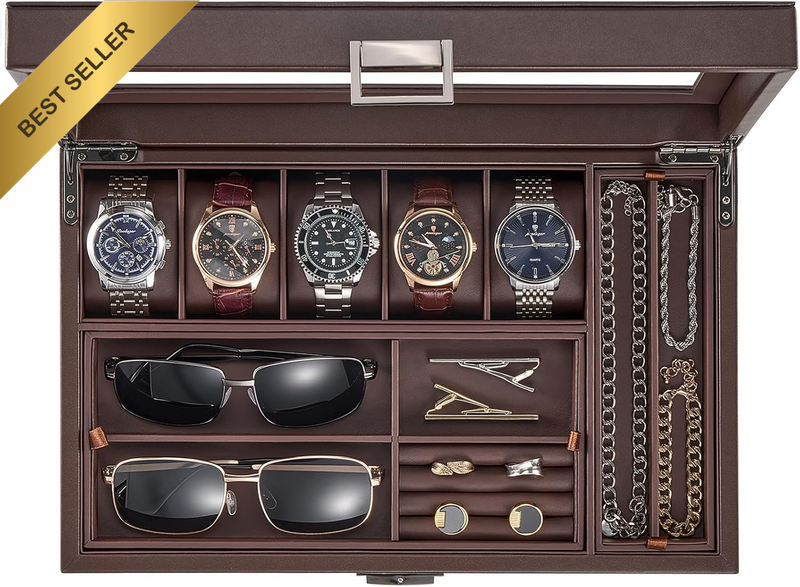 Men's Jewelry Box Organizer for Watches Sunglasses Rings Cufflinks Espresso