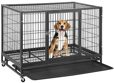 48'' Heavy Duty Pet Dog Cage Strong Metal Crate Kennel Playpen with Wheels&Tray