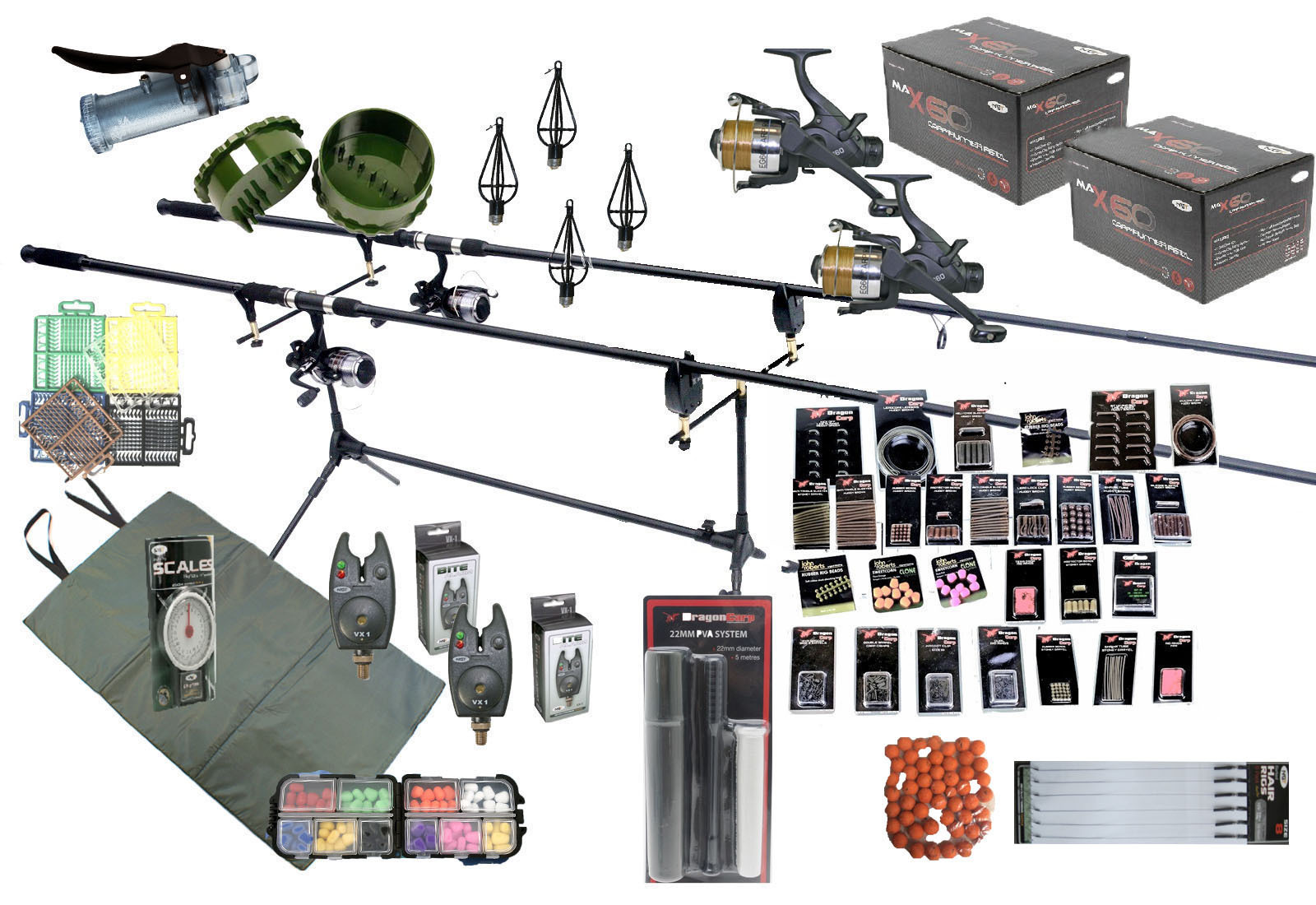 Carp Fishing Kit Set Rods Reels Bait Tools Mat GIANT Terminal Tackle