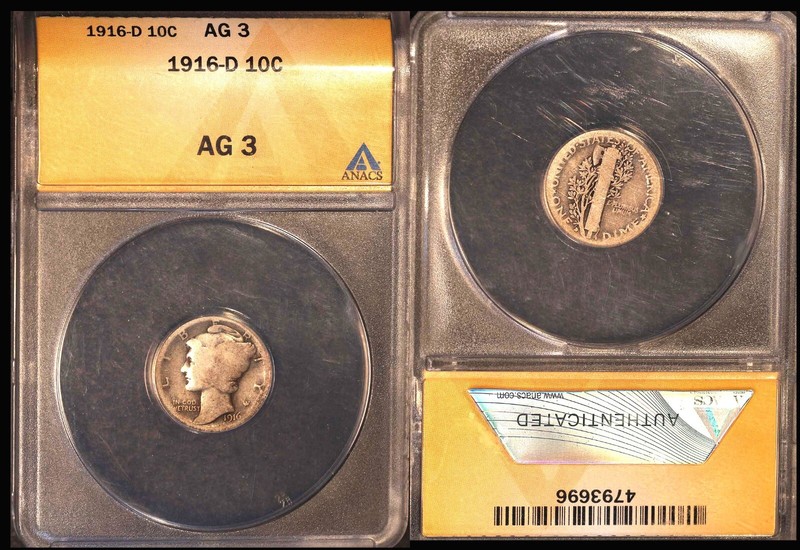 1916-D 10C ANACS AG3 MERCURY DIME