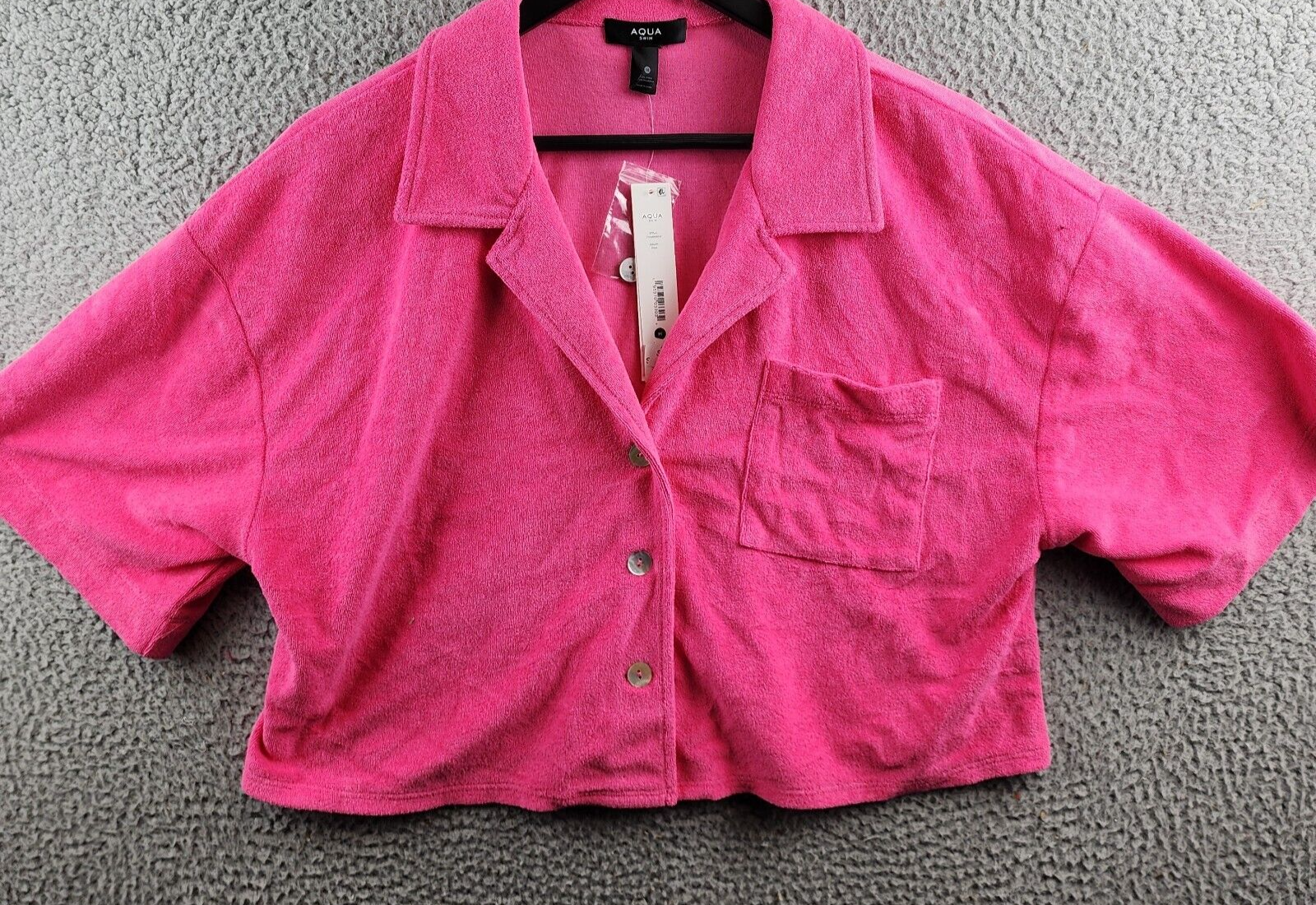 AQUA Cropped Terrycloth Shirt Women's M Pink Patch Pocket Collared Short Sleeve - Picture 2 of 12