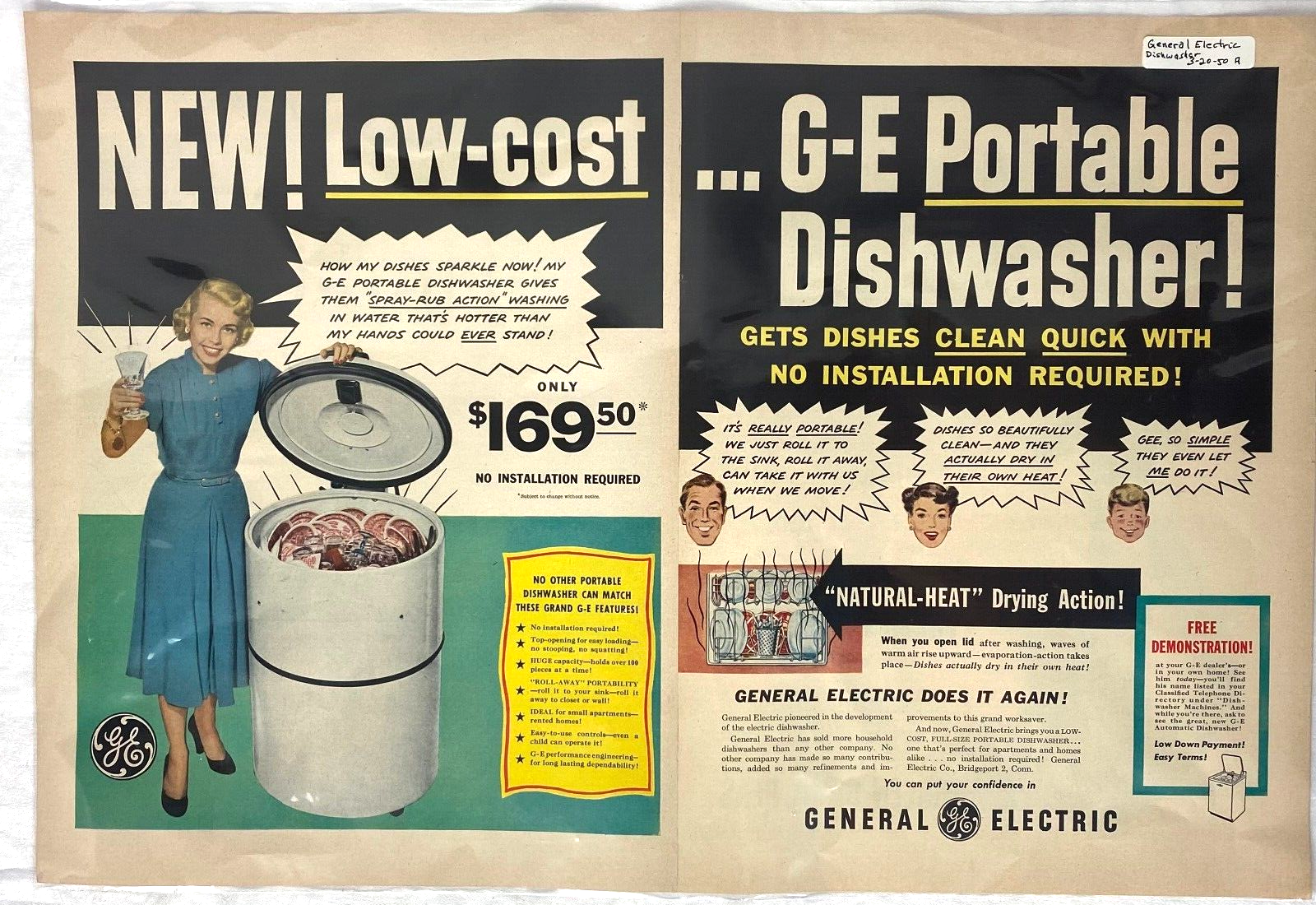 1950 Vintage Print Ad General Electric Portable Dishwasher - New Low Cost 20x14