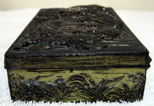 A Nice Signed Antique Japanese Metal Box Depicting A Dragon In High Relief