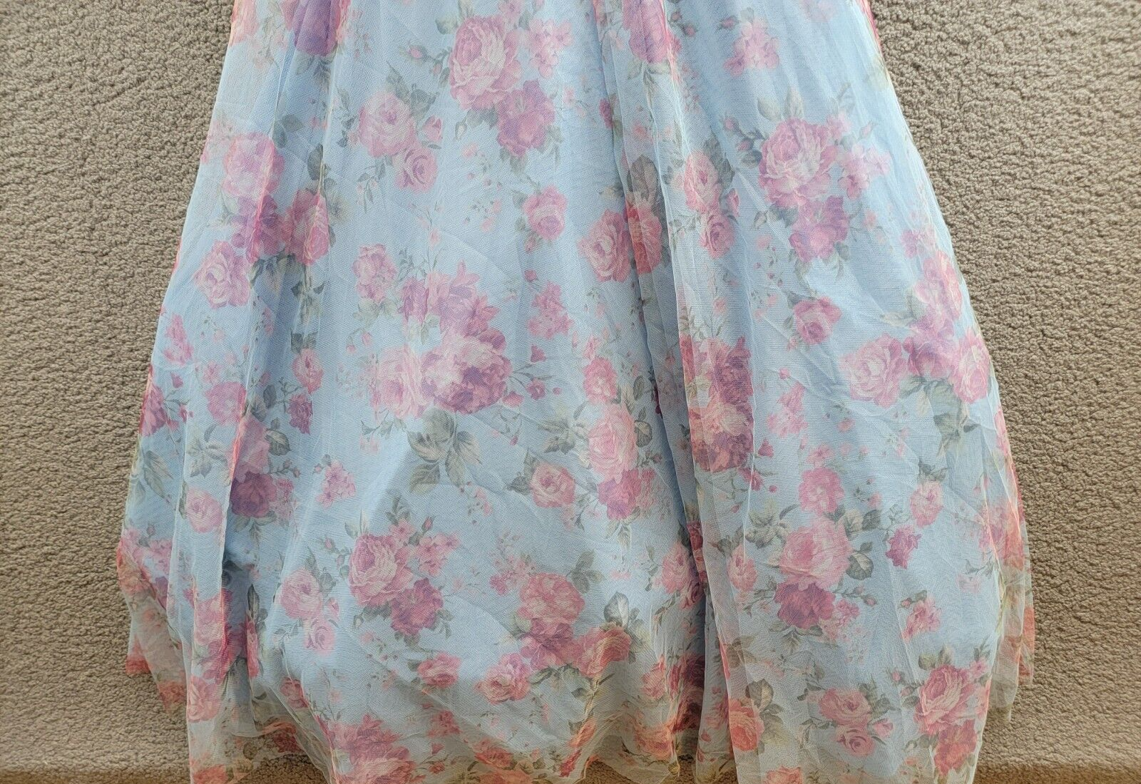 City Studio Floral-Print Bustier Gown Women's 0 Sky/Rose Ruffle Sweetheart Neck - Picture 4 of 16