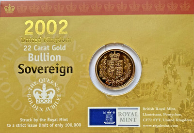 2002 Gold Sovereign Queen's Golden Jubilee Royal Mint Carded BU 22ct UK Coin