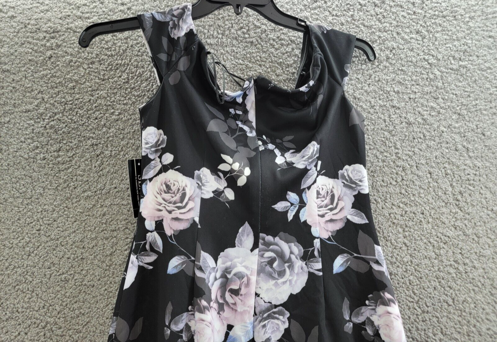 SLNY Off-The-Shoulder Floral Print Sheath Dress Women's 6 Black Multi Back Zip - Picture 10 of 16