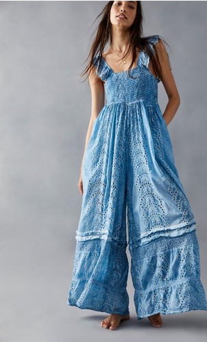 Свободный комбинезон с ушками из Попле Barok, кружевной топ-халат с завышенной талией, широкие штанины, Синий, S NEW