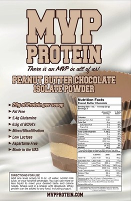 ''MVP PROTEIN'' ''PB CHOC'' WHEY ISOLATE PROTEIN POWDER- 2 Lbs. (28 Servings)