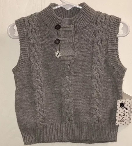 Baby Boy’s NWT Gray Sweater Vest 6-12M Cable Knit Brass Buttons/Loop Crew Neck