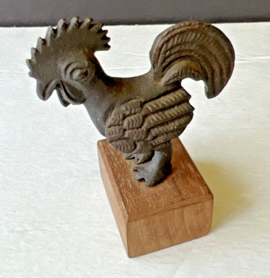 Vintage Mini Alva Museum Reproduction Metal Bronze Chicken on Wood Stand NY 3''