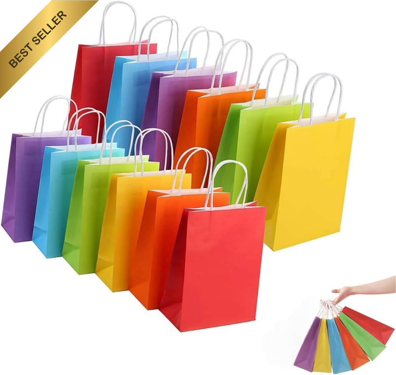 12 Pcs Gift Bag Kraft Paper Party Gift Bag with Handle Rainbow Gift Bag for Wedd