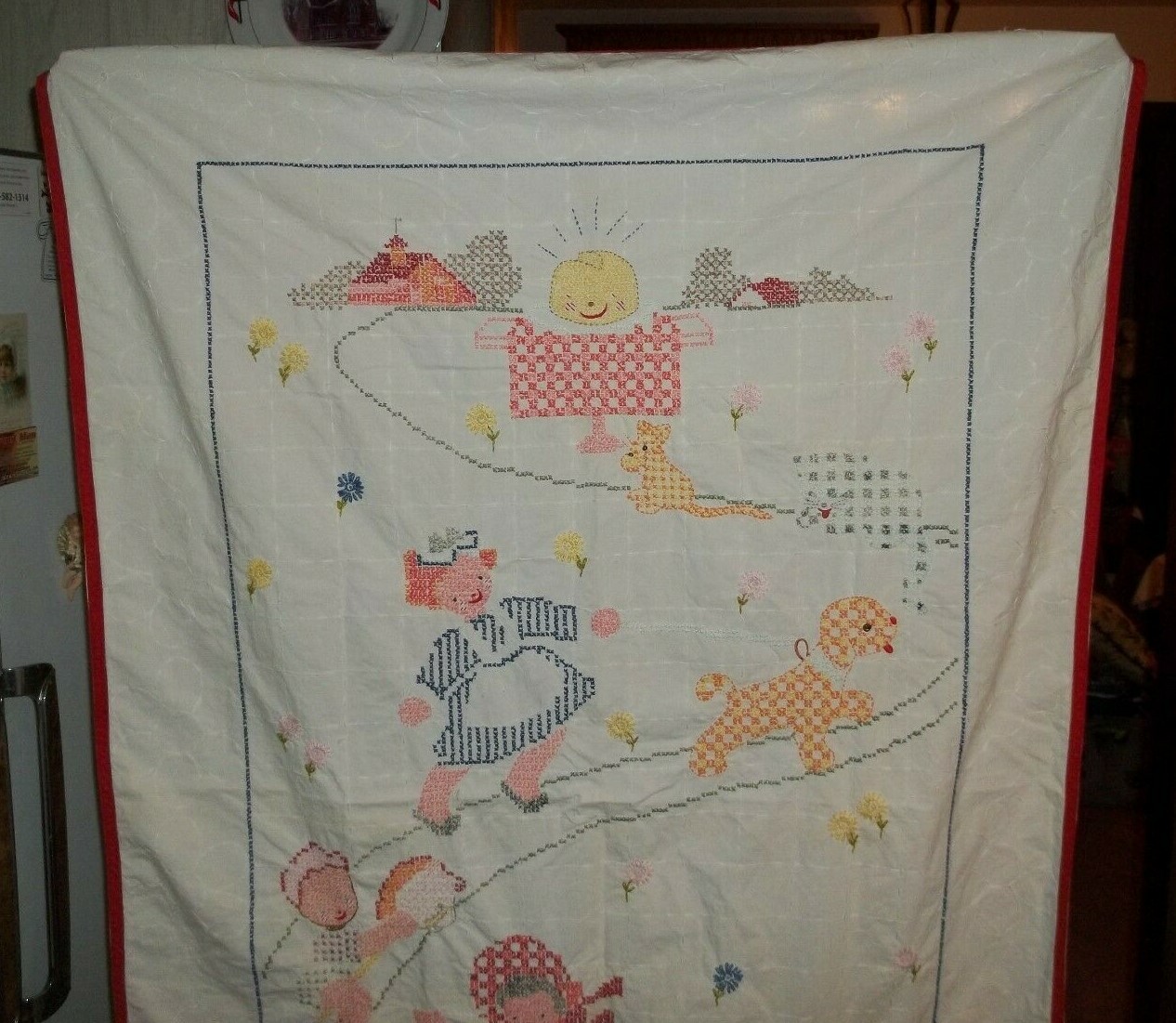 Youth's,Farm Style,Vintage,Bed Cover,Linen,Cross-Stitching,1960's,Very Good Cond