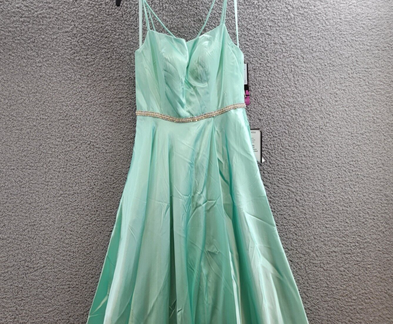 Blondie Nites Satin Double Spaghetti Strap Crystal Belt Dress Juniors' 5 Mint - Picture 3 of 15