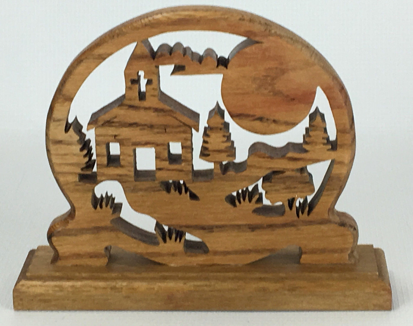 Laser Cut Wood Mantle Shelf Clock - Church Scene - Battery Operated