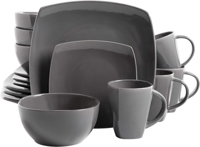 Gibson Soho Lounge 16-Piece Square Reactive Glaze Dinnerware Set, Grey - 97558.1