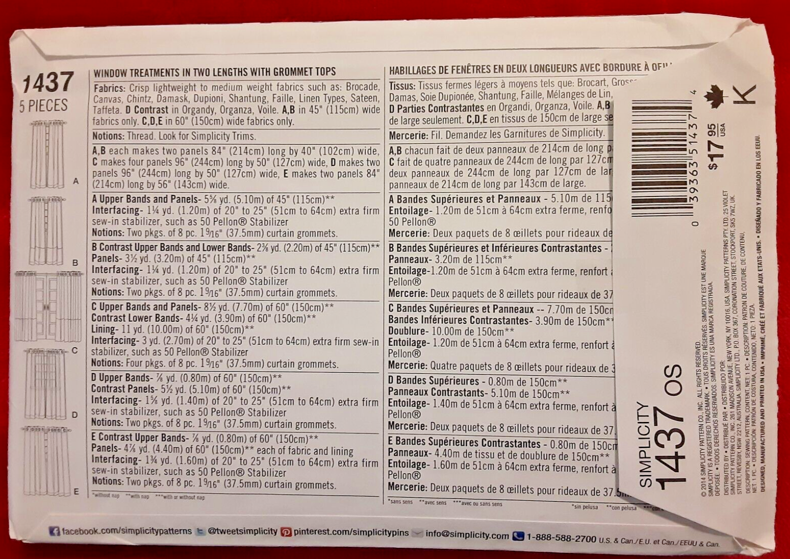 Simplicity Pattern 1437 Window Treatments in 2 Lengths Sewing Craft Project (H)