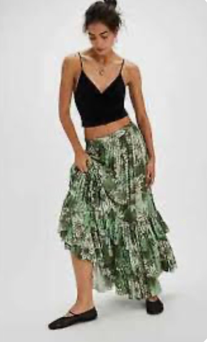 Free People Marietta Floral Print Maxi Skirt Tiered Ruffle Elastic Green XL NWT